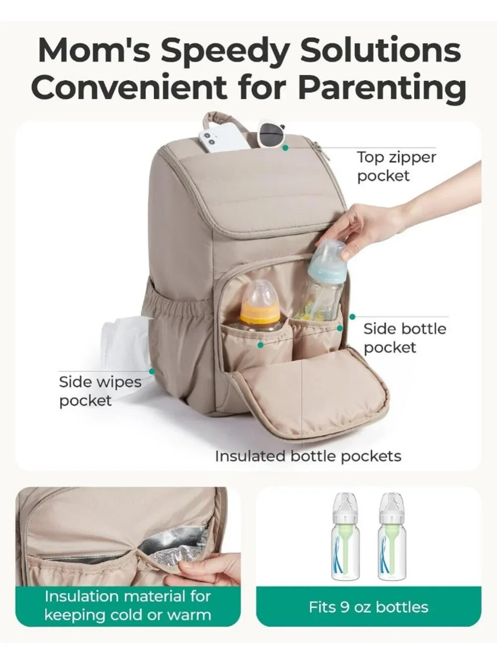 Stylish Large Diaper Bag Backpack for Moms, Quilted, Insulated Pockets, Travel